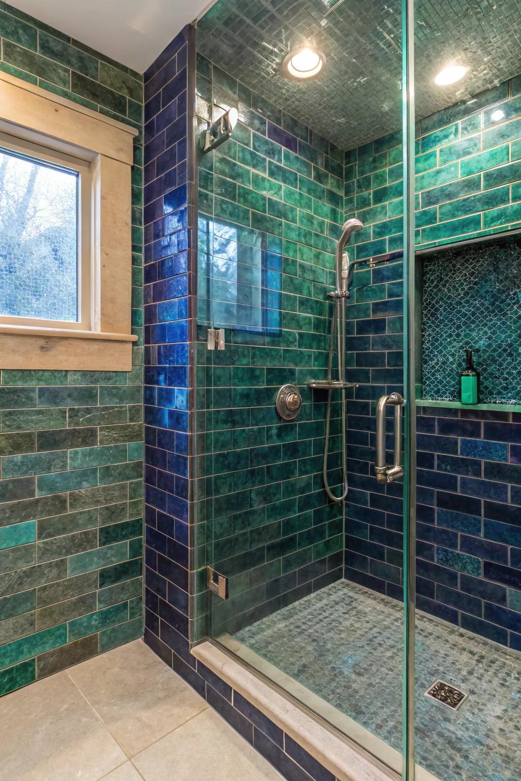 A shower featuring rich jewel-toned tiles for a vibrant, luxurious atmosphere.