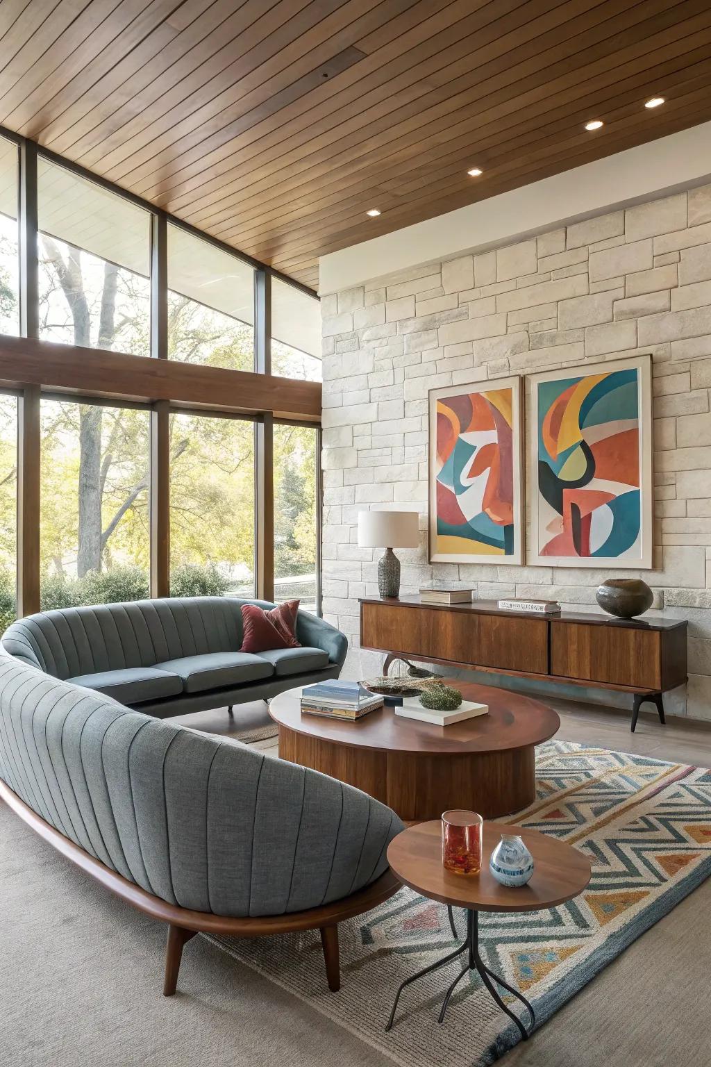 Abstract wall art adds personality and creativity to this mid-century modern living room.