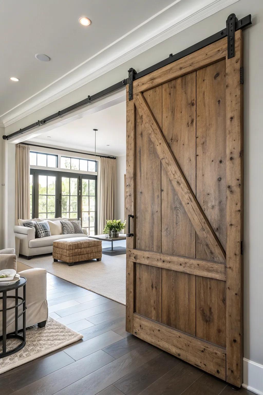 Textured barn doors create a sophisticated, layered effect.