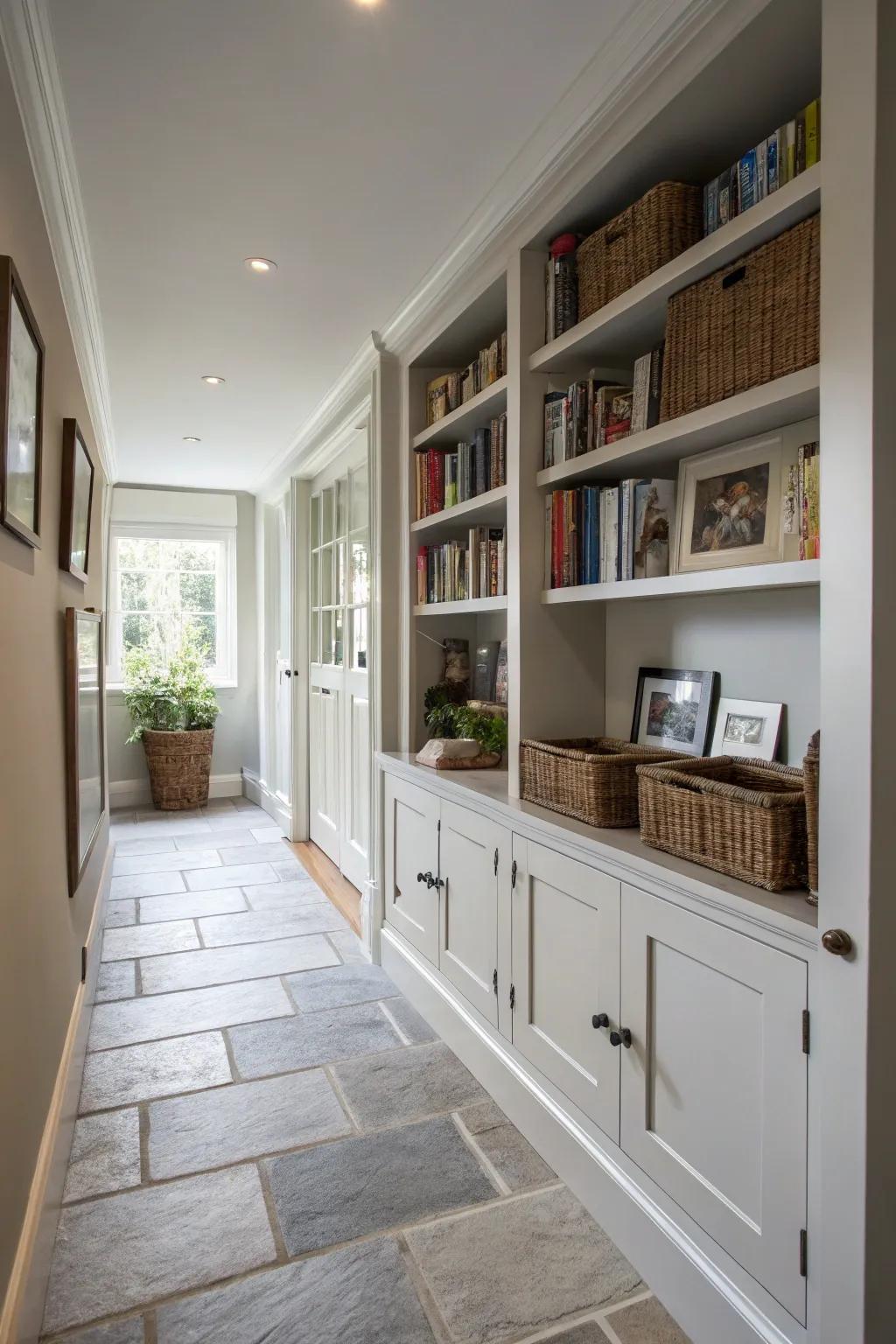 Intelligent storage solutions maintain a tidy and functional hallway.