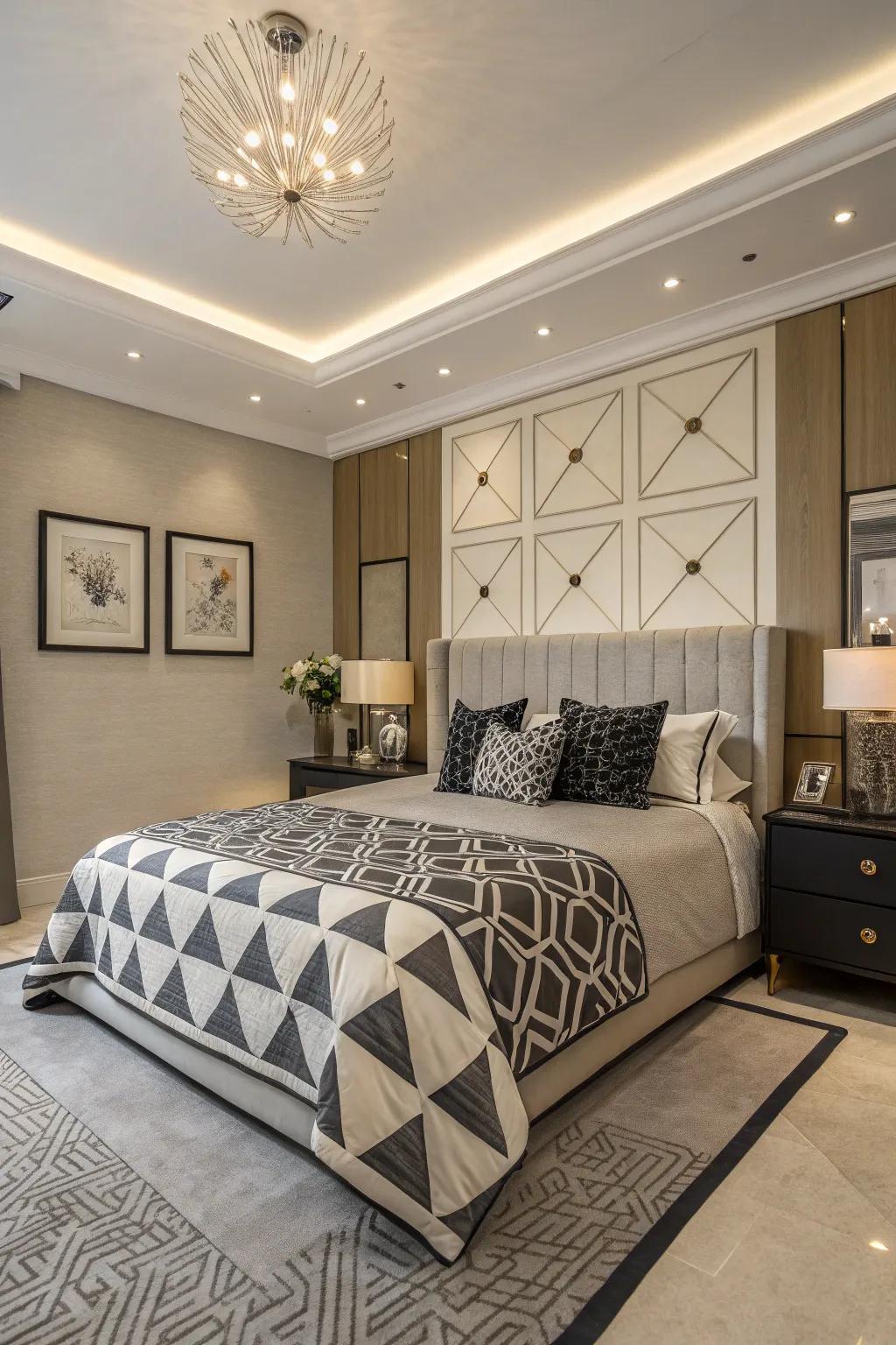This bedroom is given a modern edge by geometric patterns.