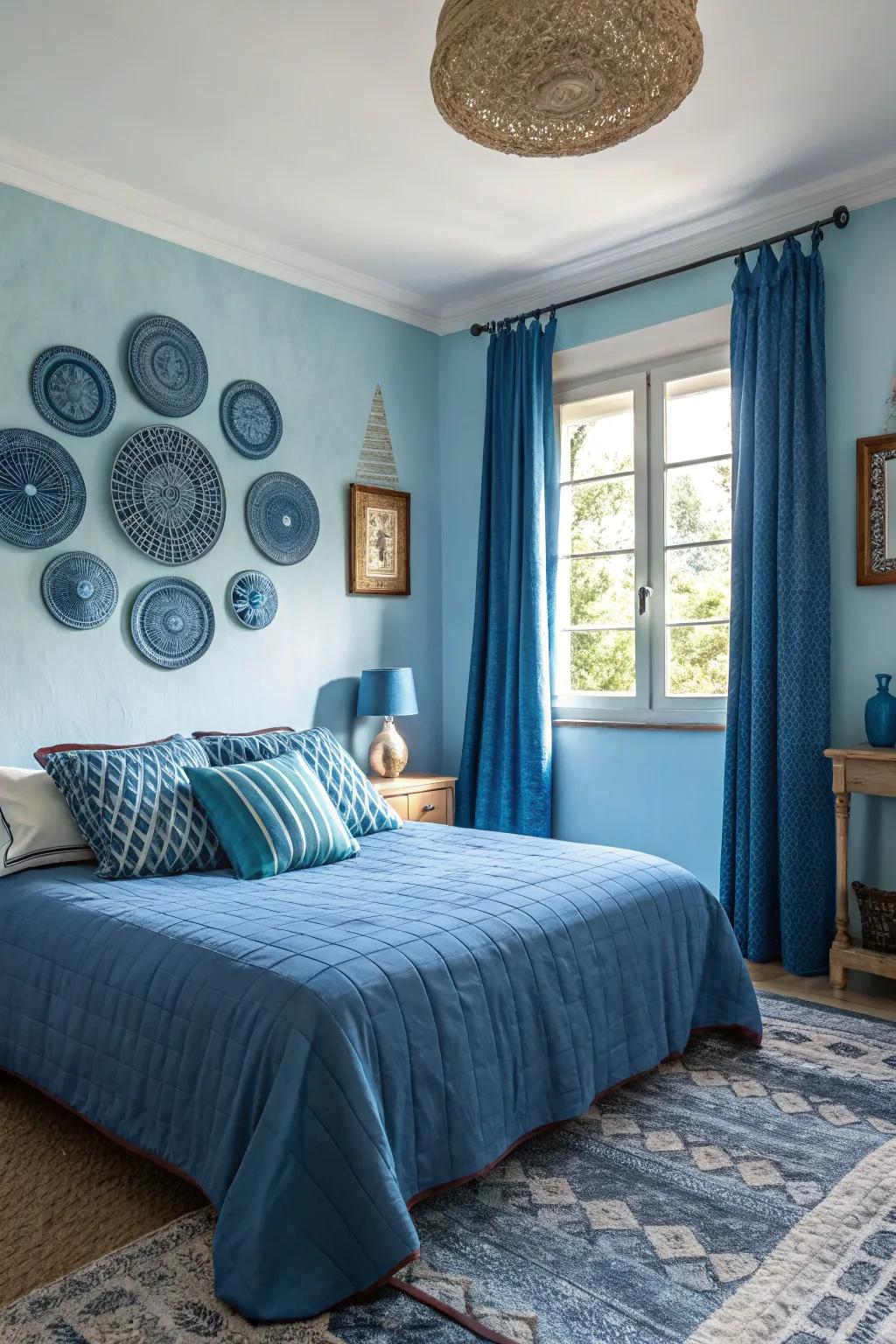 Layering various shades of blue enhances the depth and visual interest of the room.
