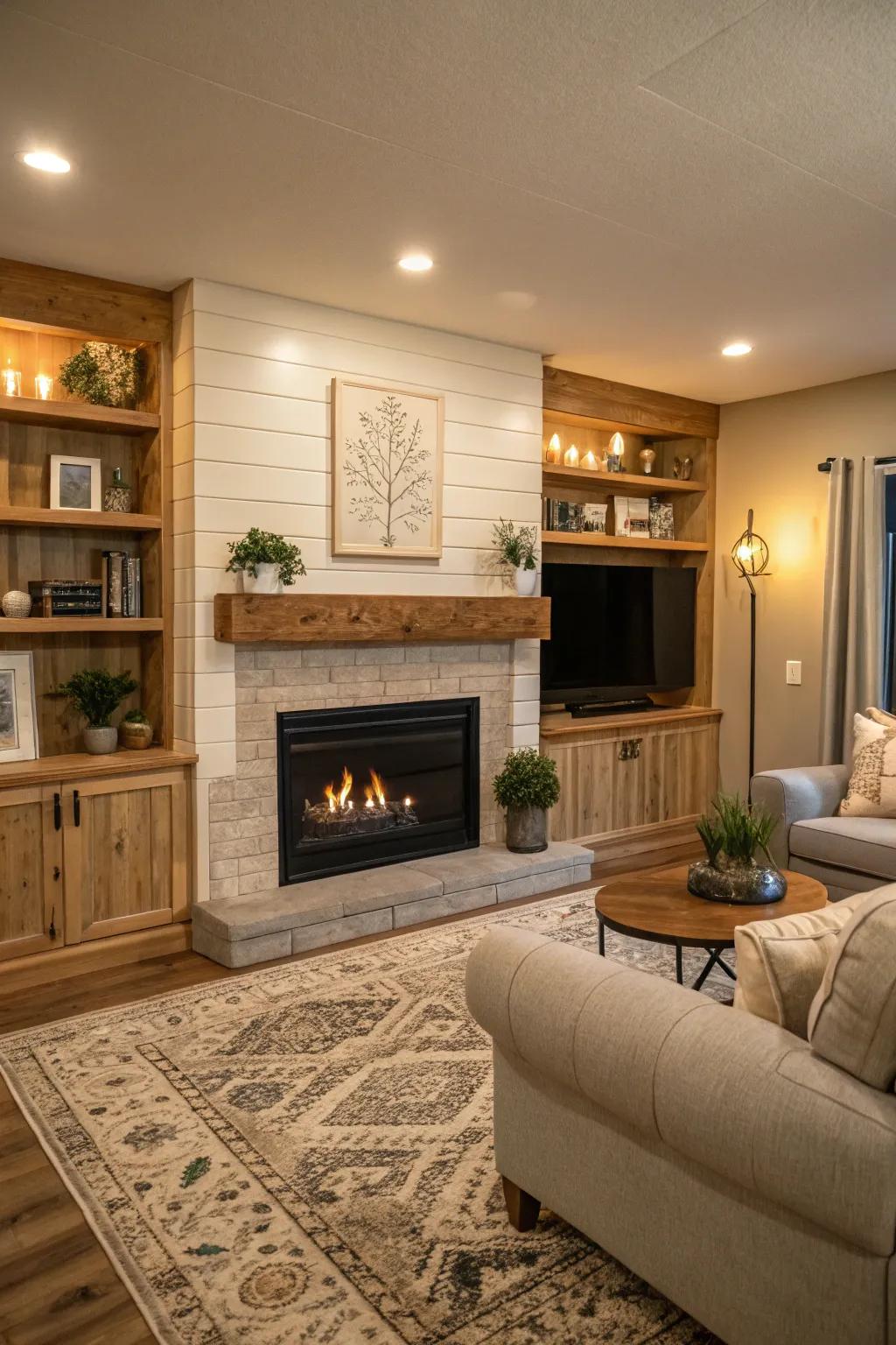A cozy living area featuring a natural wood shiplap fireplace.