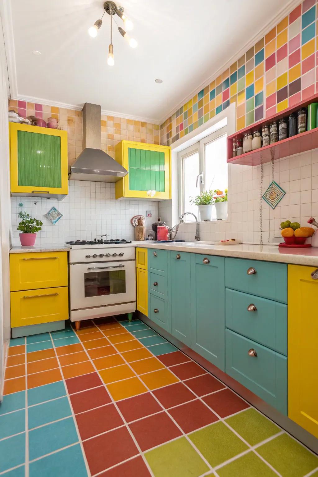 Colorful grout adds a playful accent to this kitchen's tile countertops.