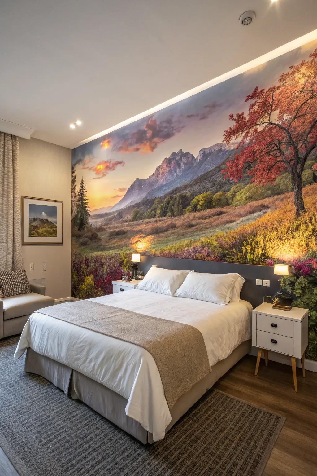 A bedroom with a focal wall showcasing a mural.