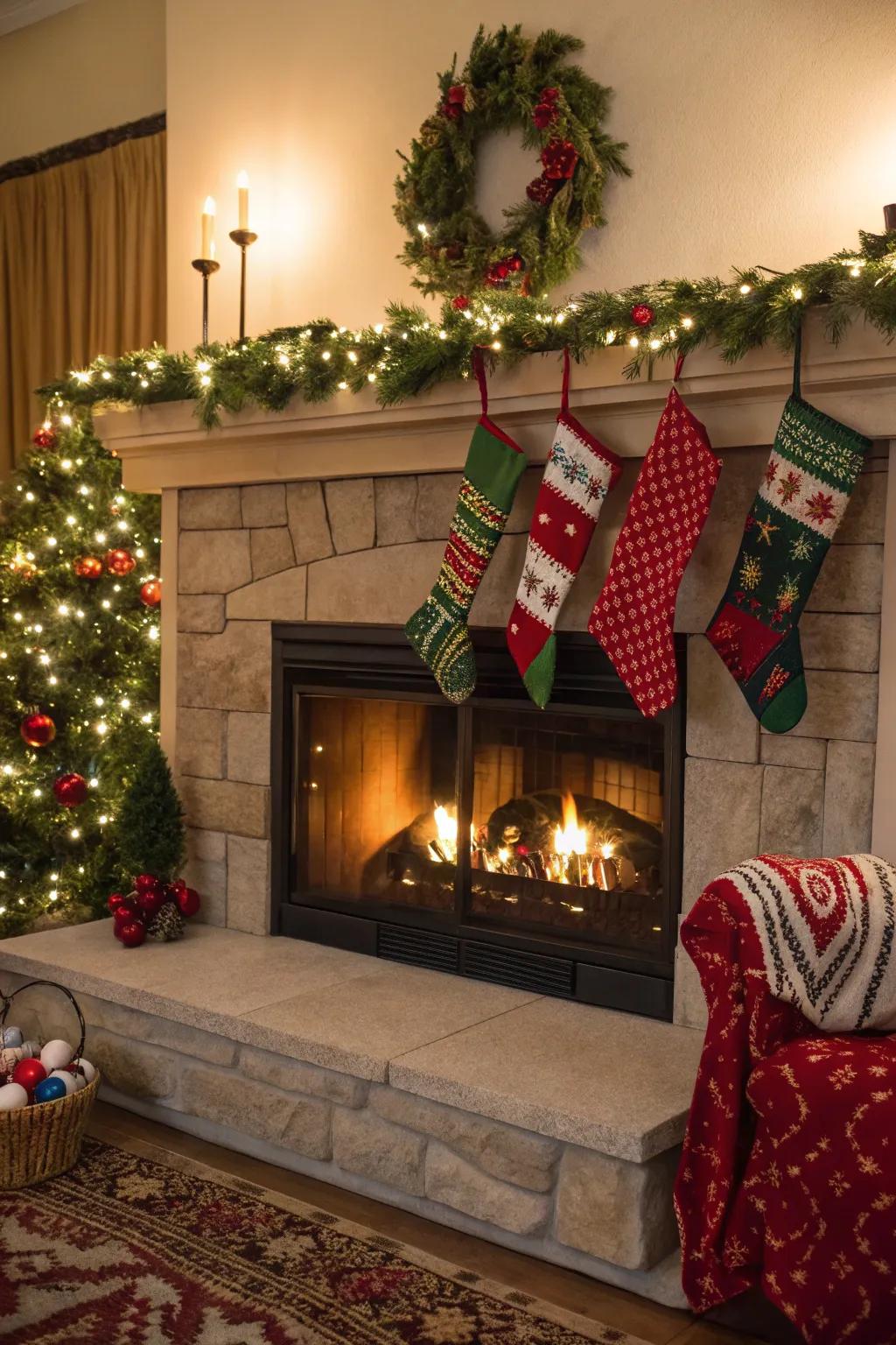 An ornamented fireplace embodies the abode’s snug holiday core.