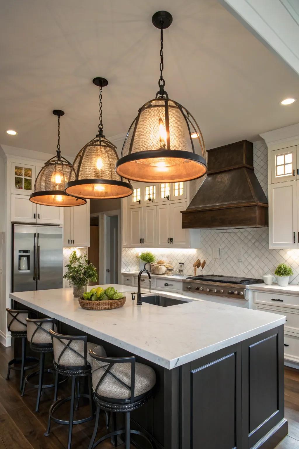 Statement lighting introduces a dramatic focus to the kitchen area.