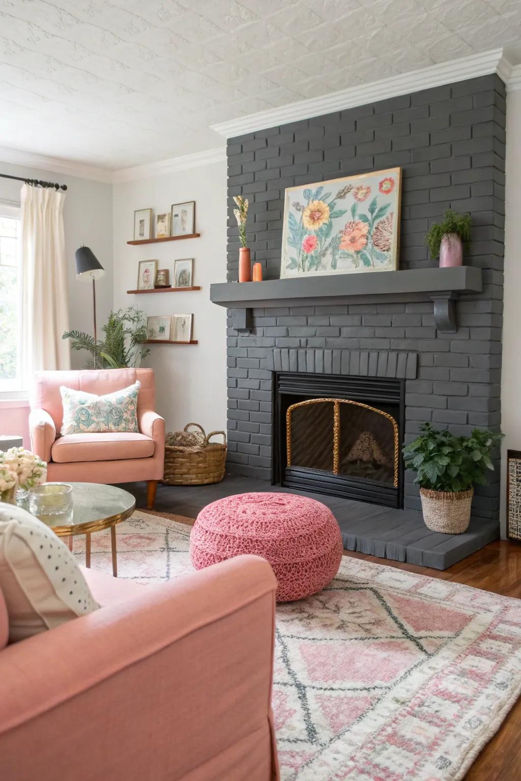 A charcoal-painted fireplace offers chic modernity.