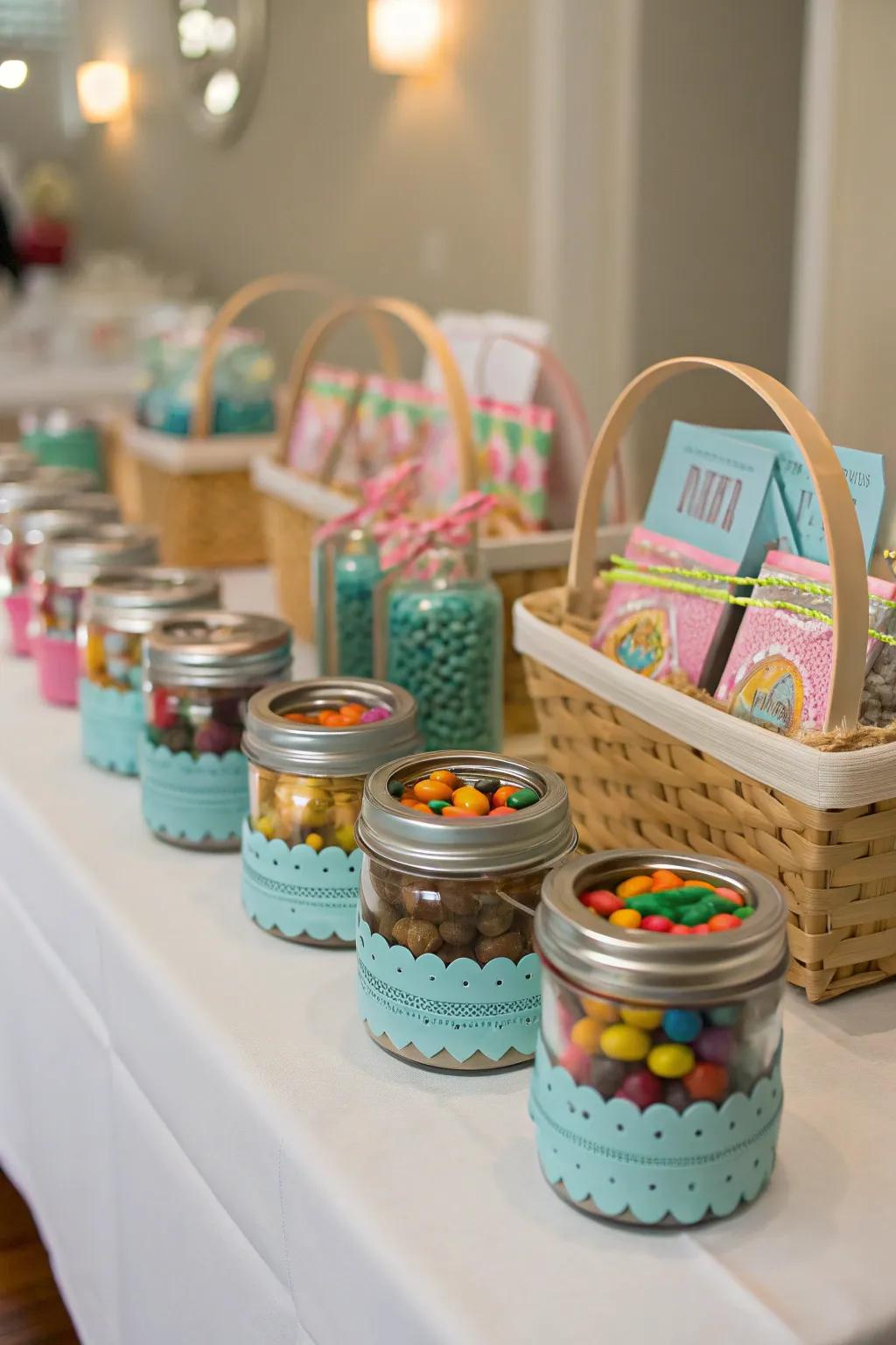 Unique containers like Mason jars and mini baskets.