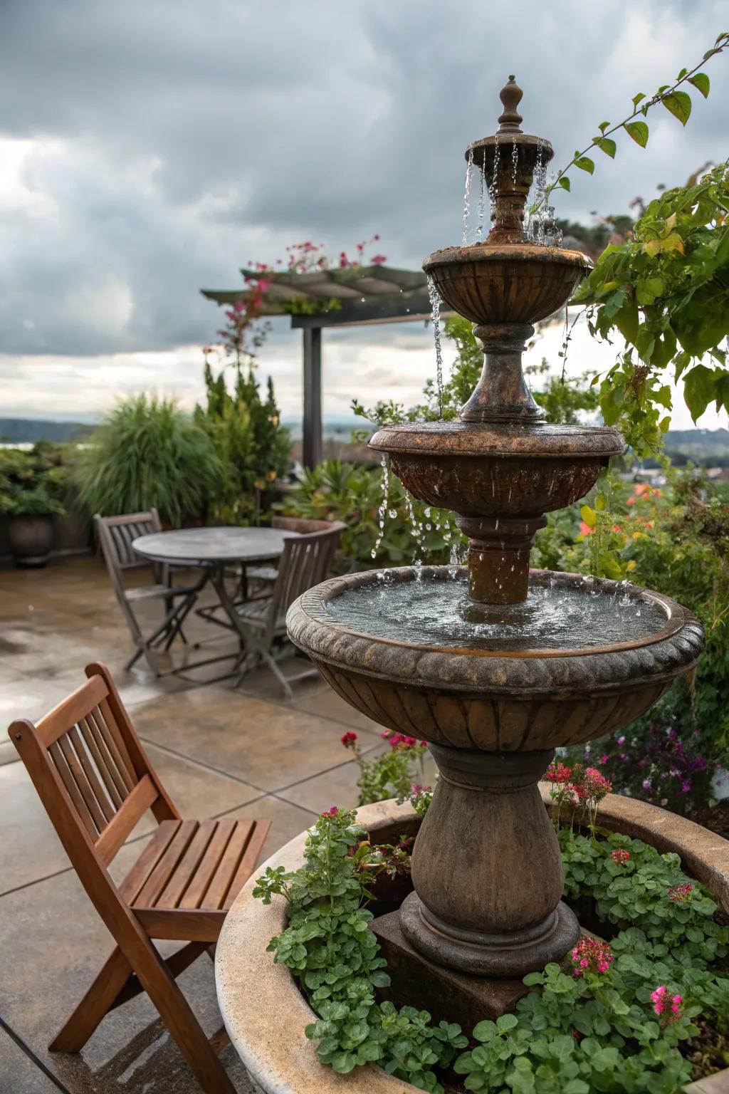 A tabletop water fountain adds tranquility to a patio.