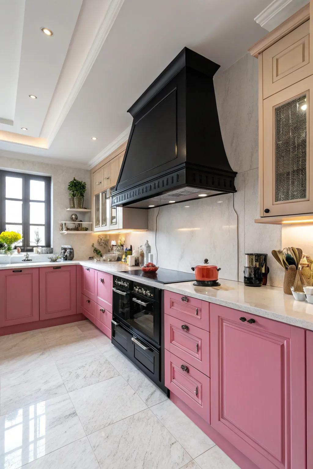 A striking black range hood provides both function and flair.