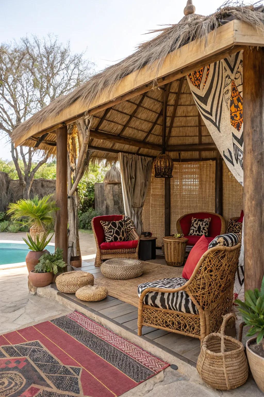 A safari retreat cabana with adventurous animal print decor.