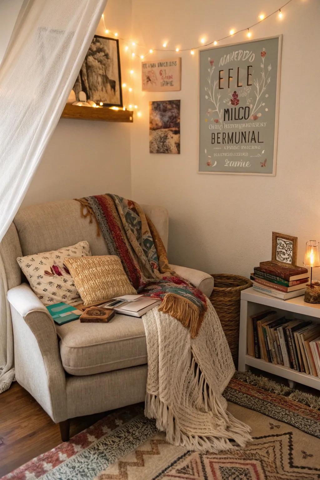 A free-spirited name sign amplifying the snugness of a perusal nook.