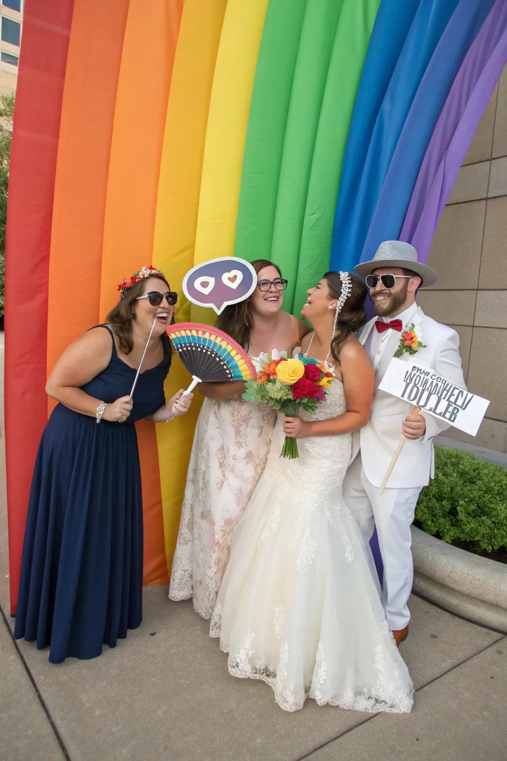 Guests reveling in a photograph opportunity with a rainbow-themed setting.