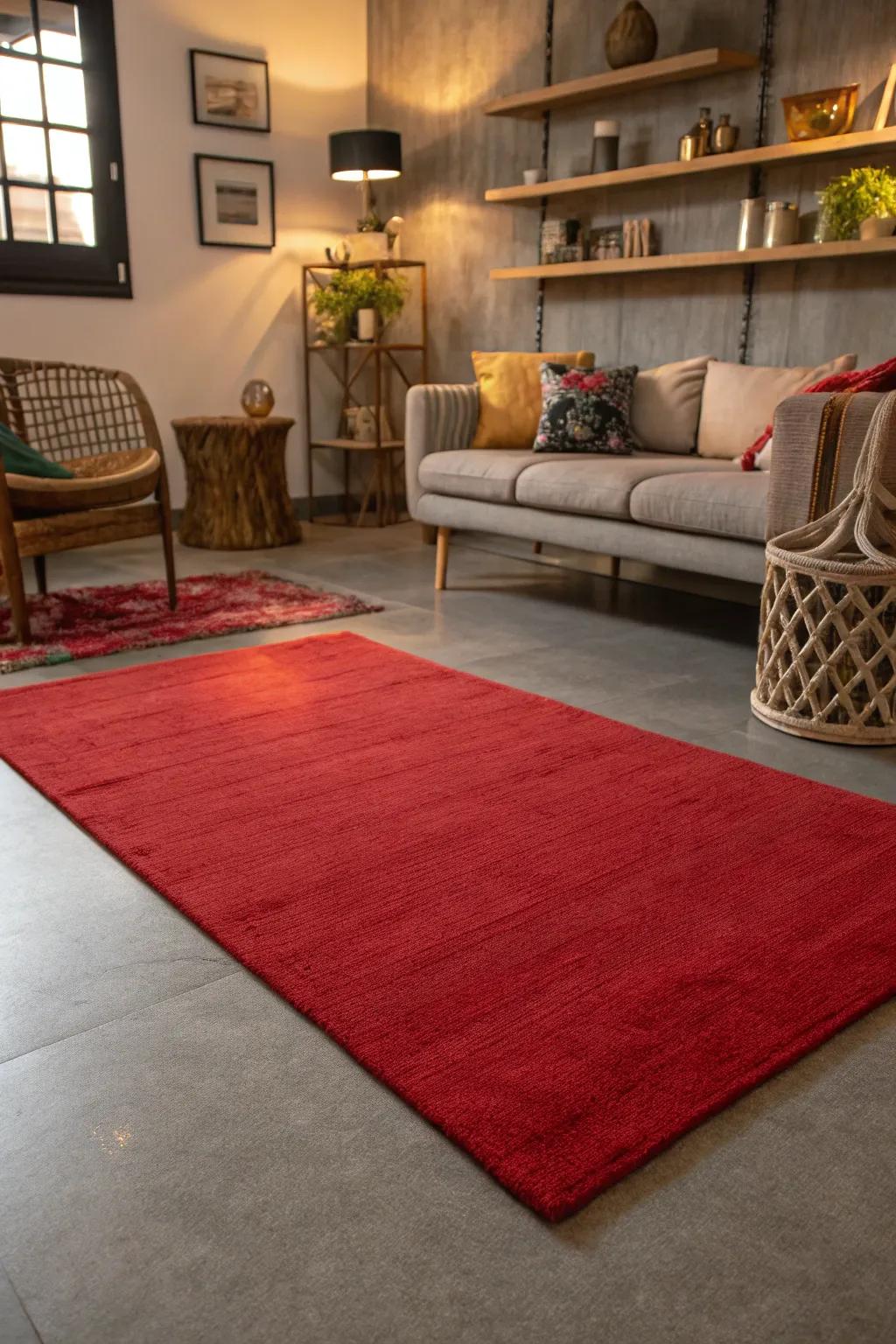 A scarlet rug adding warmth to a silver floor.