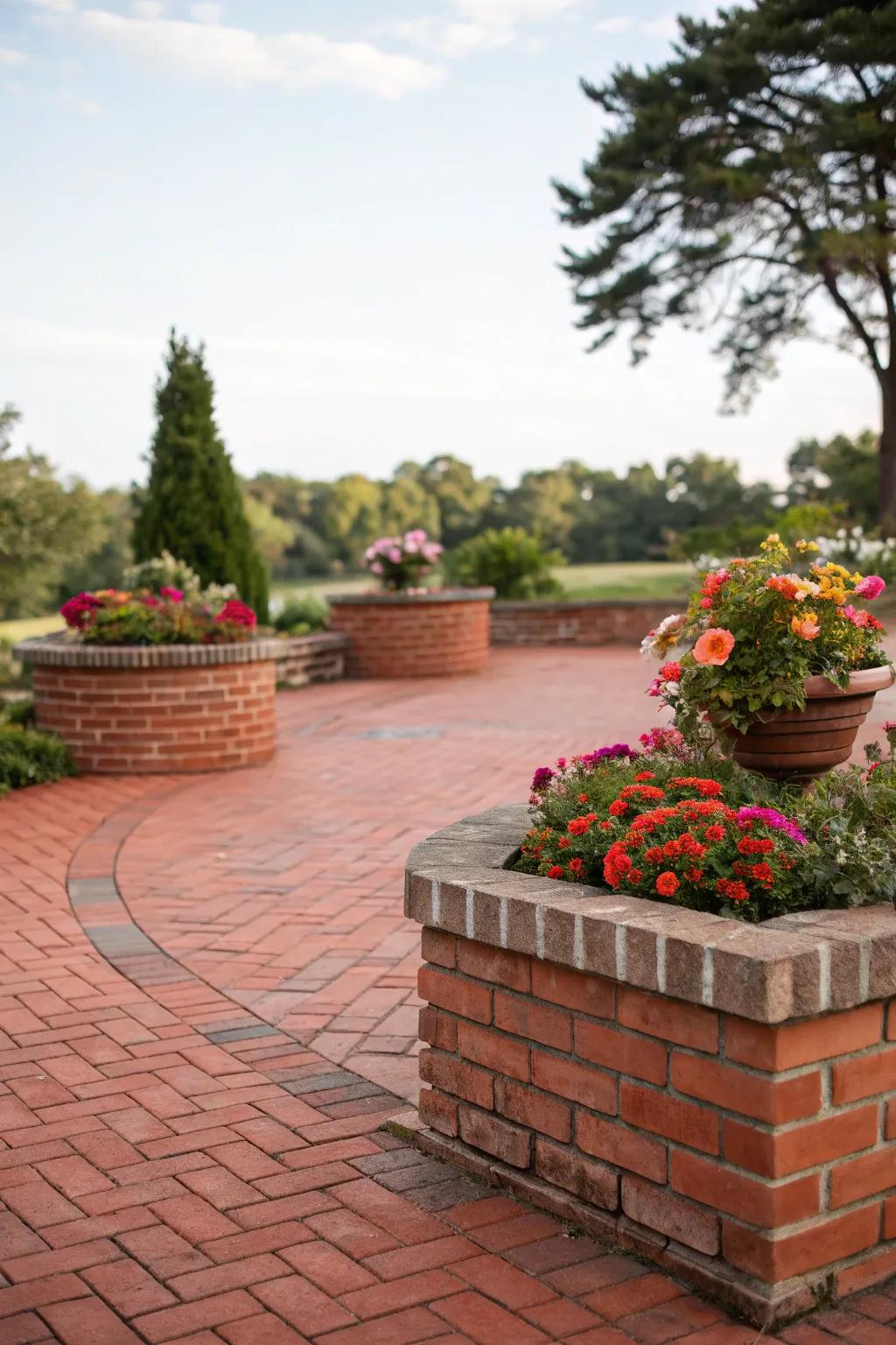 A red brick patio adorned with sophisticated brick planters