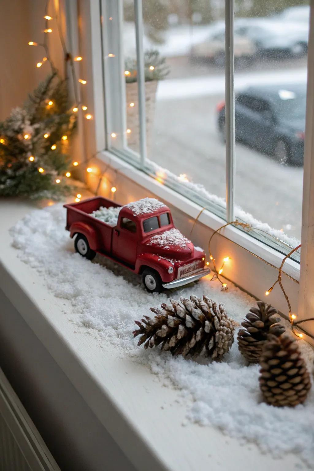 Charming window sill display with a scarlet pickup and festive touches.