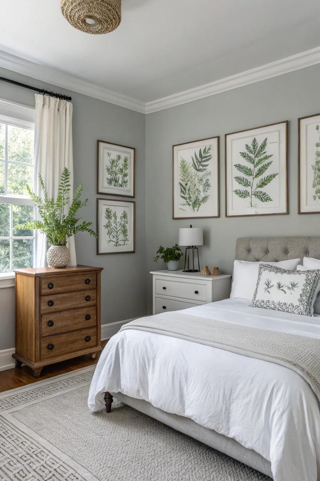 Botanical graphics add a fresh vibe to a Stone Echo bedroom.
