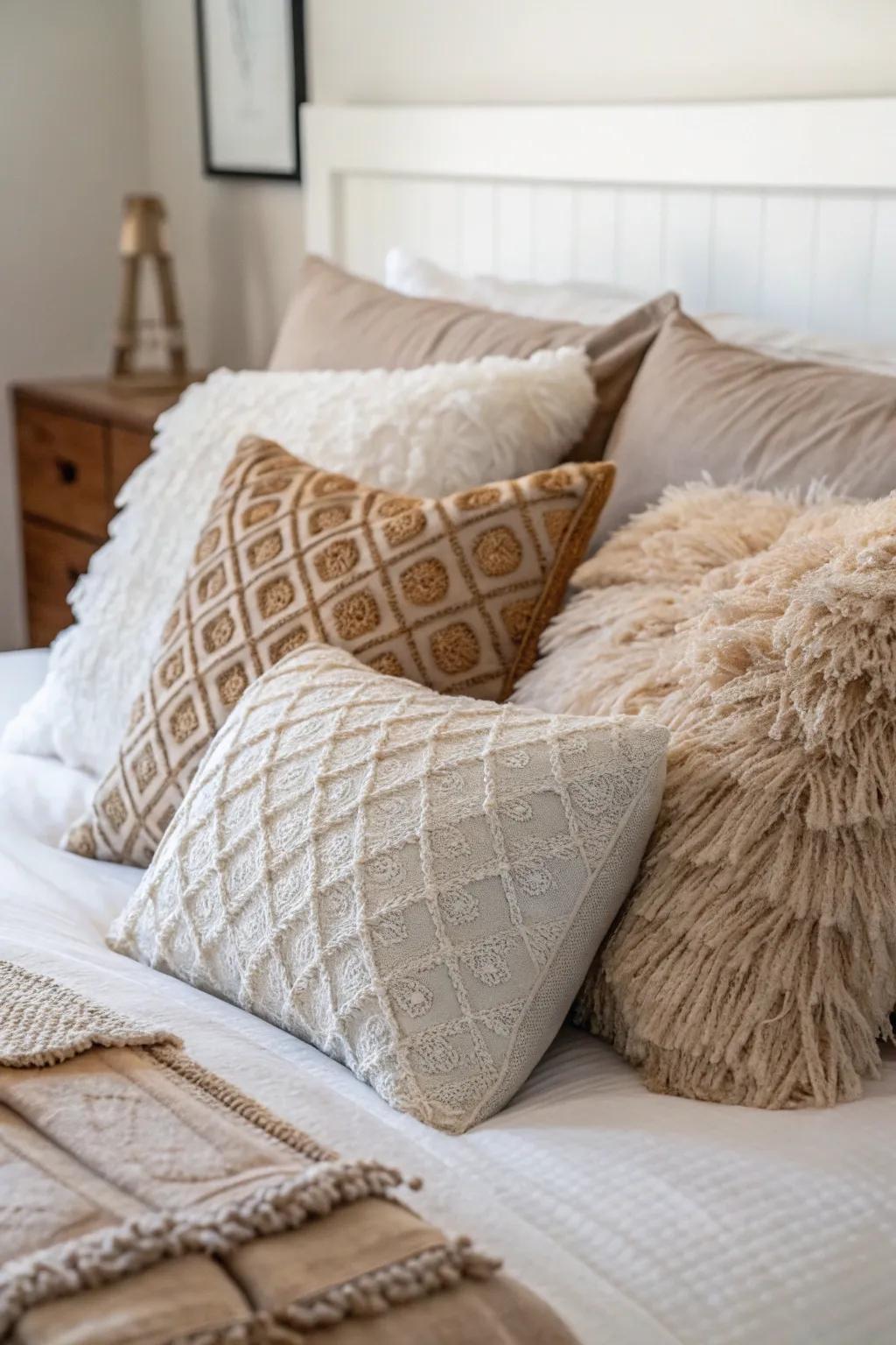 Decorative pillows add color and texture, creating a plush and inviting bed.