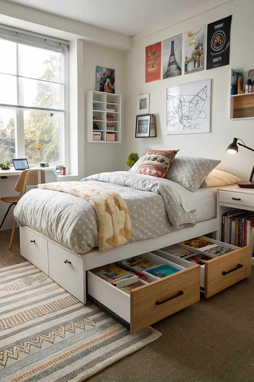 Smart storage solutions keep the room organized and clutter-free.