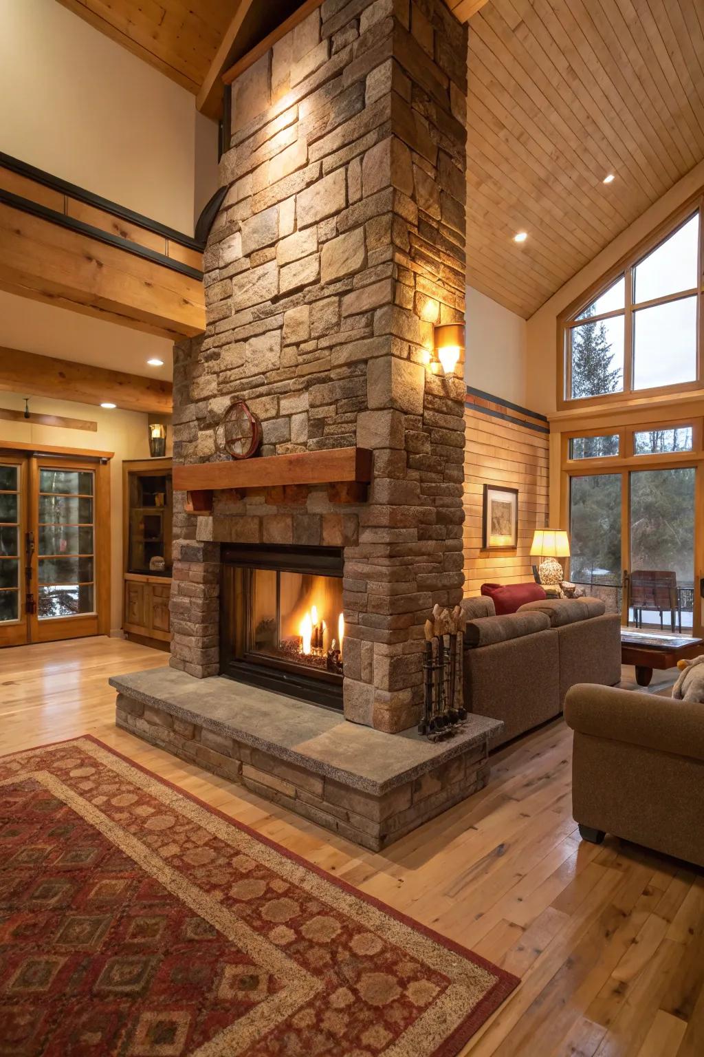 A two-sided fireplace offers warmth and a shared view in this open space.