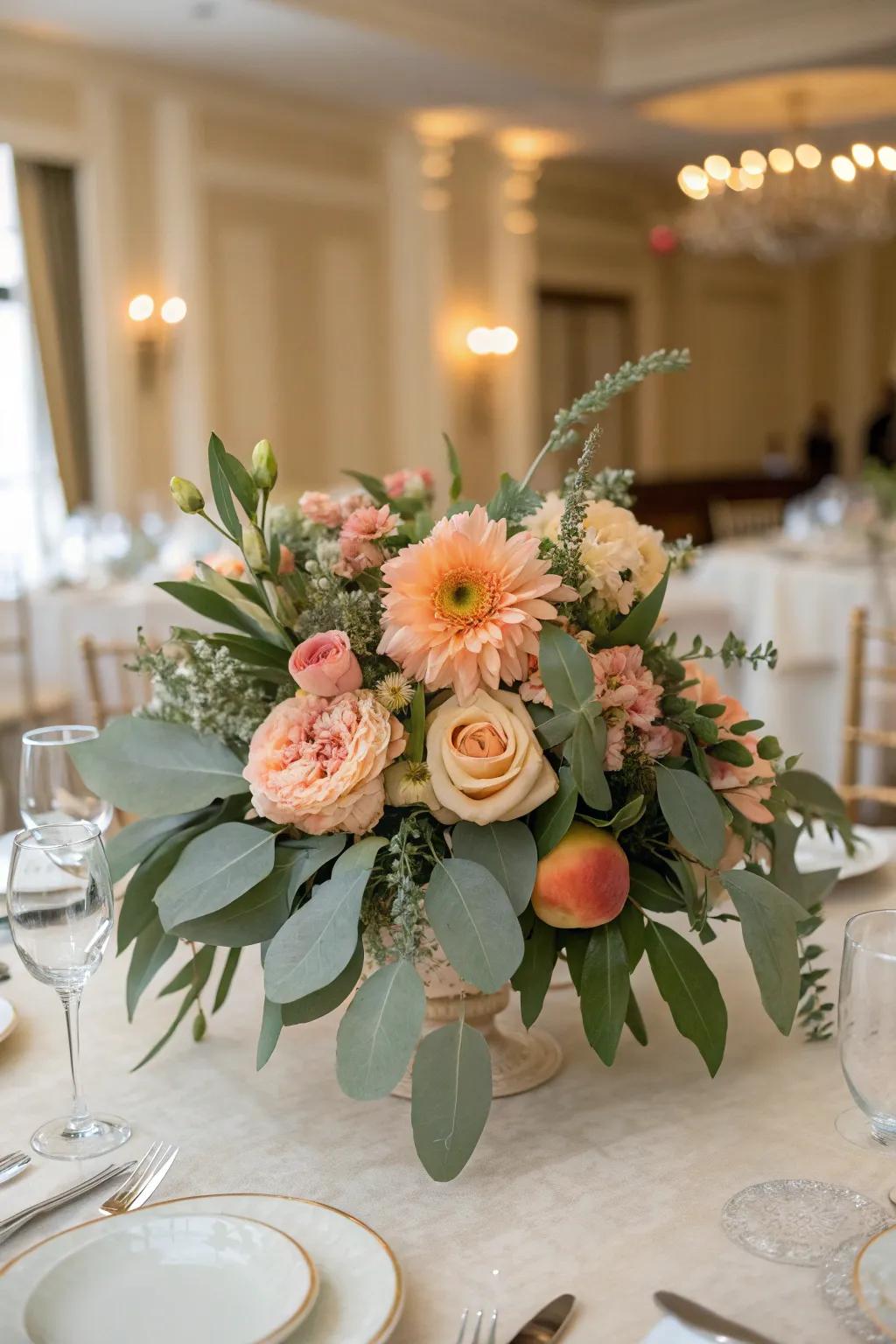 A revitalizing and delightful centerpiece that melds peach with sage green.