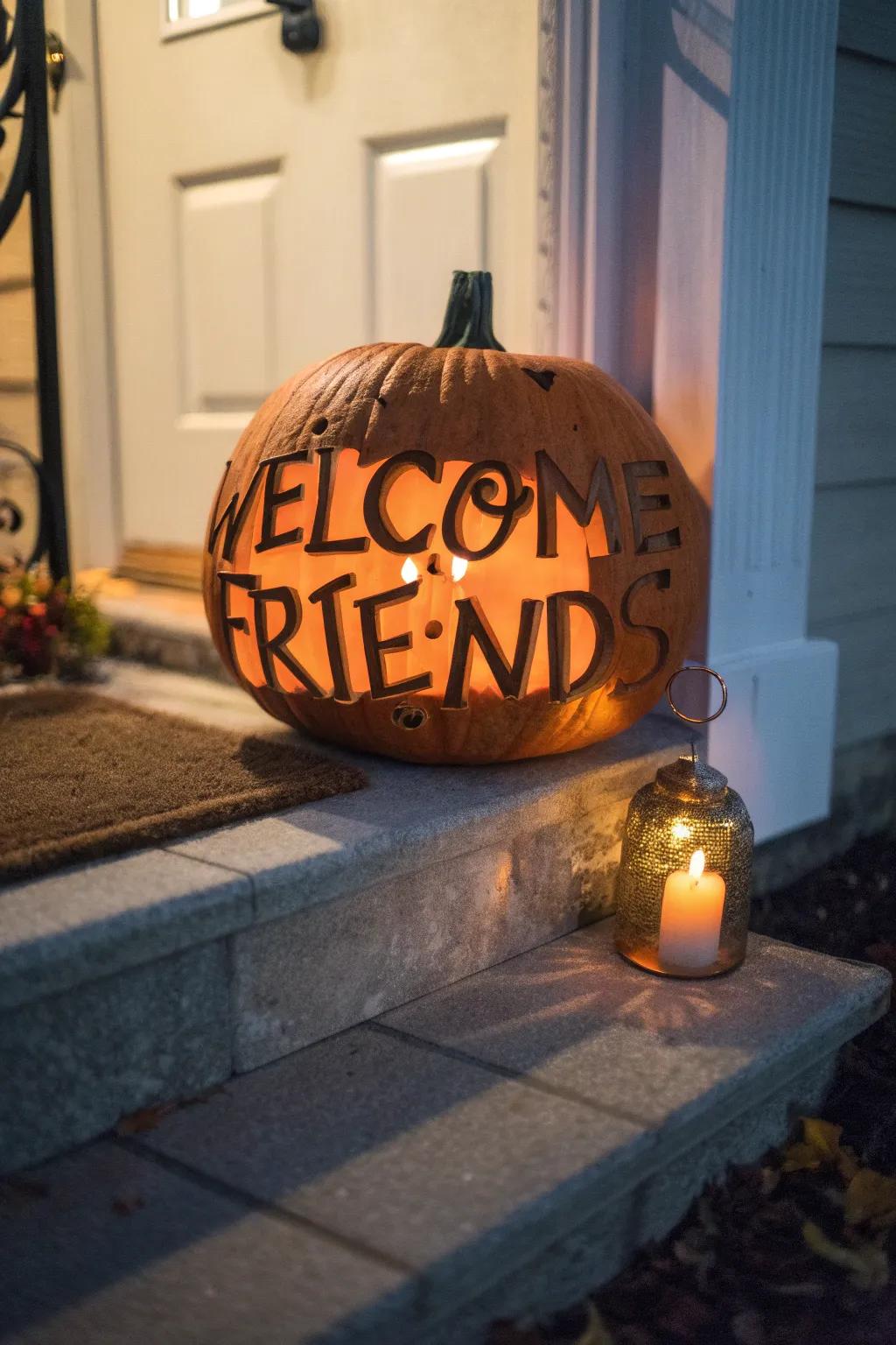 A personalized pumpkin inscription warmly greeting visitors.