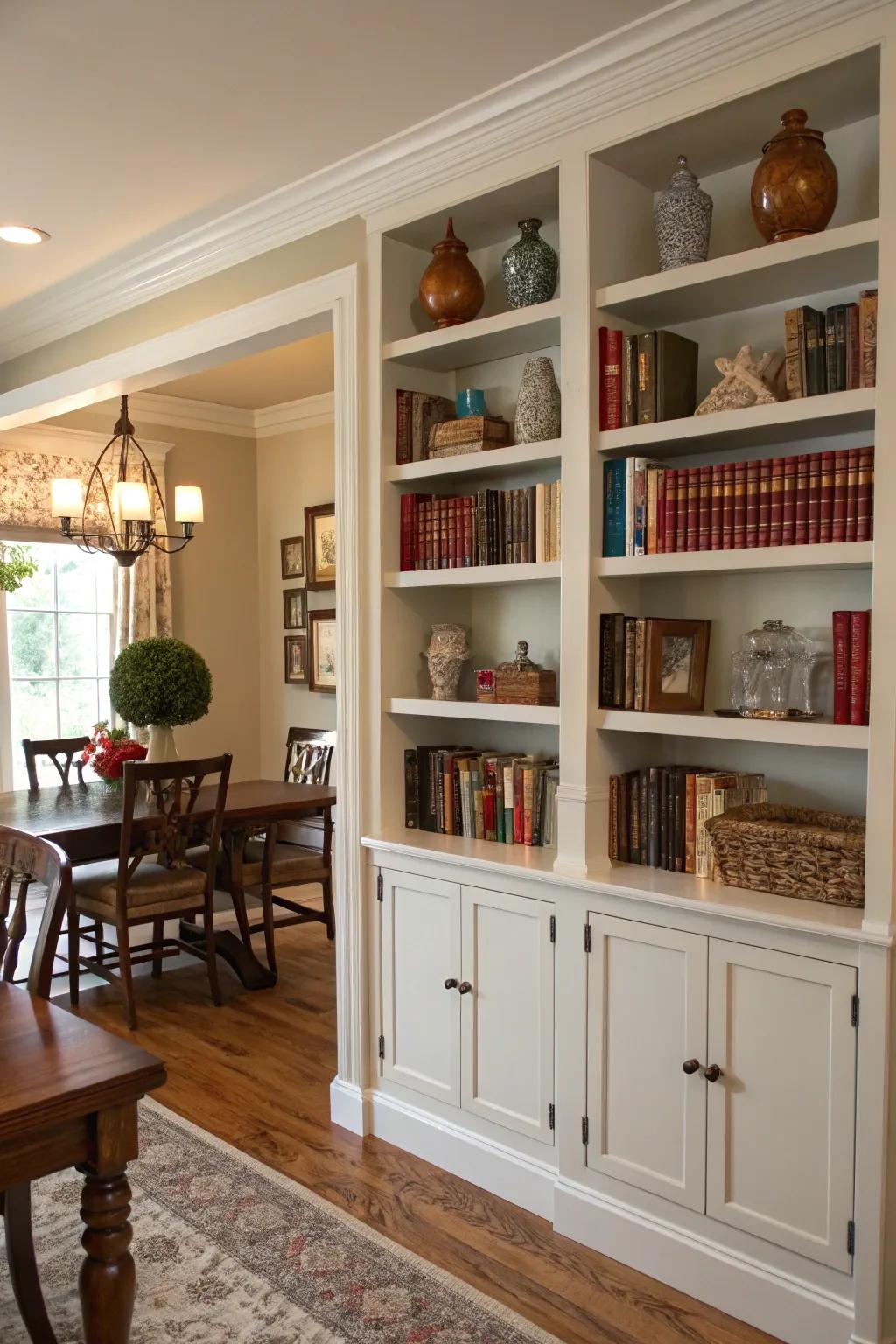 Utilizing vertical space with tall shelves in the dining room.