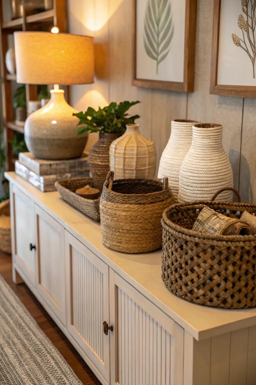 Layered textures on a sideboard add depth and tactile interest.