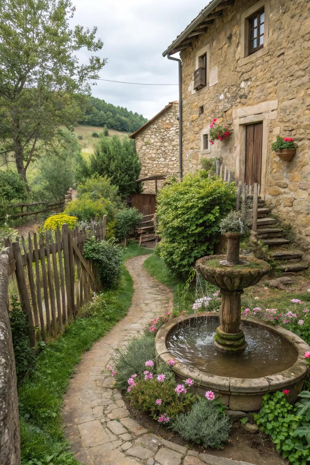 A calming water element that enriches the garden's tranquility.
