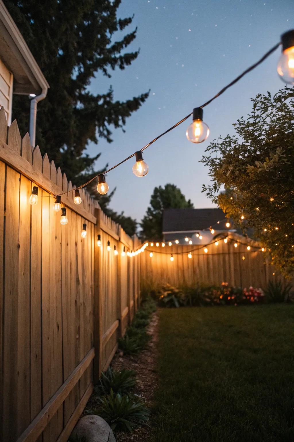 String lights add a cozy, enchanting ambiance to fence lines at night.