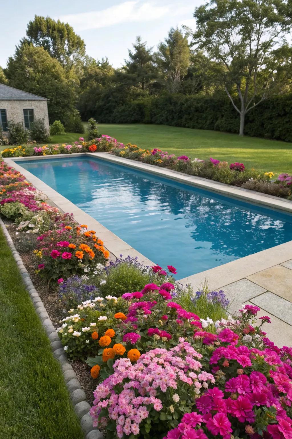 Vibrant floral patches inject vibrancy and life into the pool area.