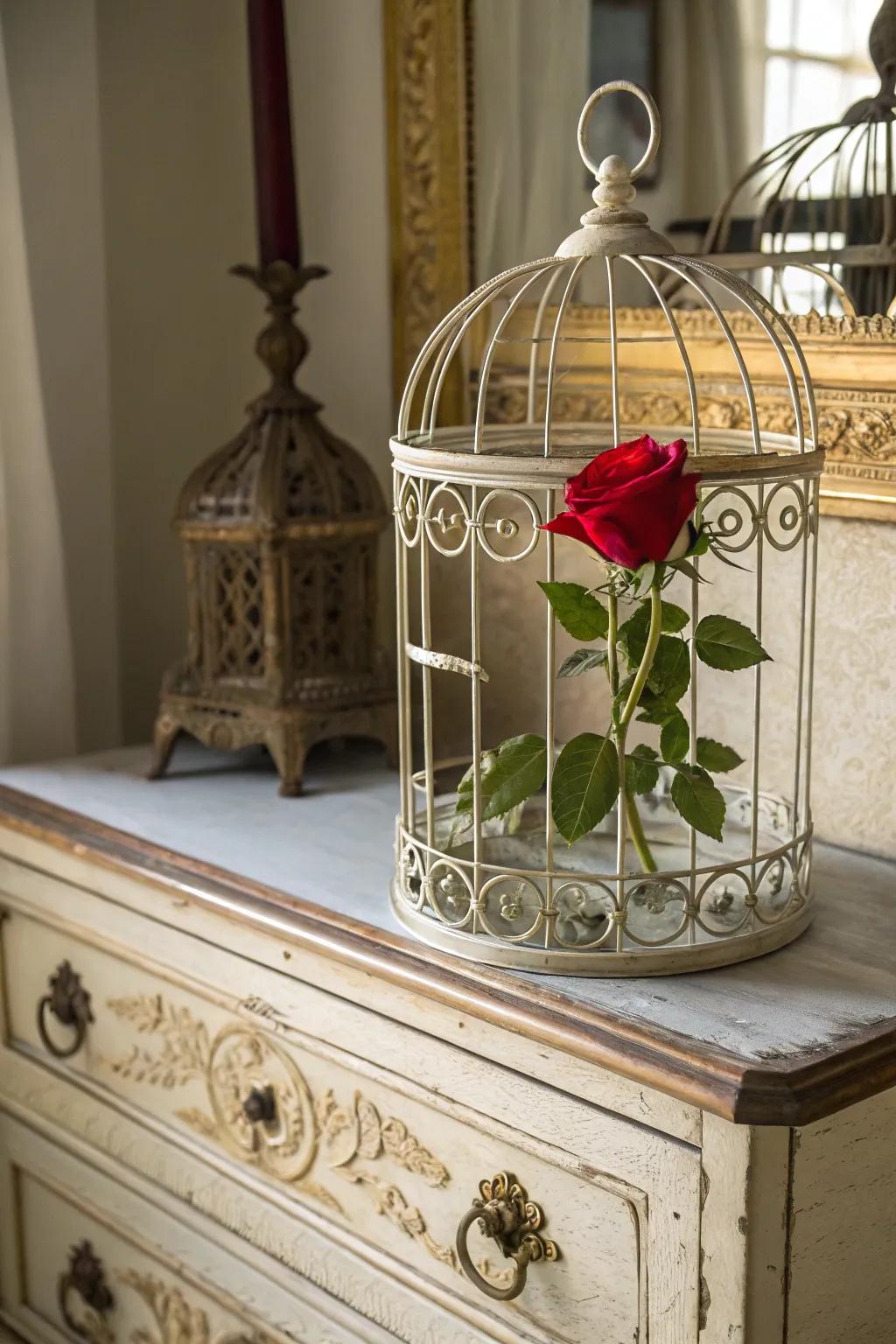 Showcasing a rose within a birdcage adds a romantic touch to a refined centerpiece.