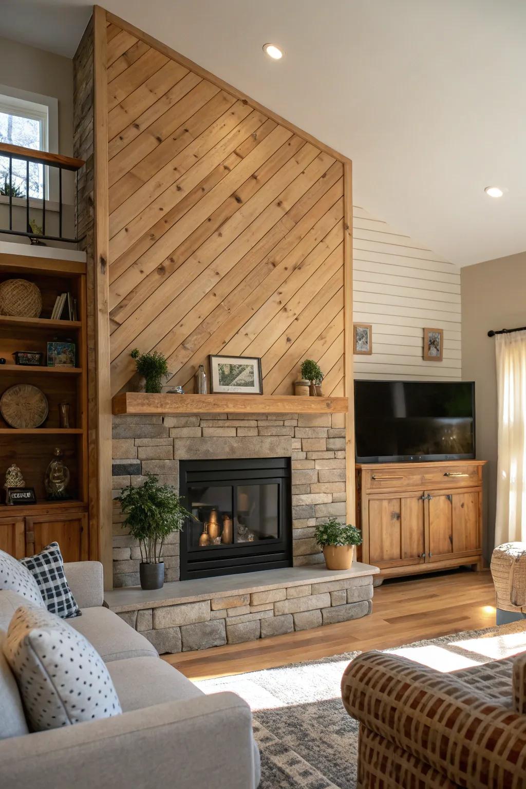 A living room fireplace framed by a welcoming wood slat accent.