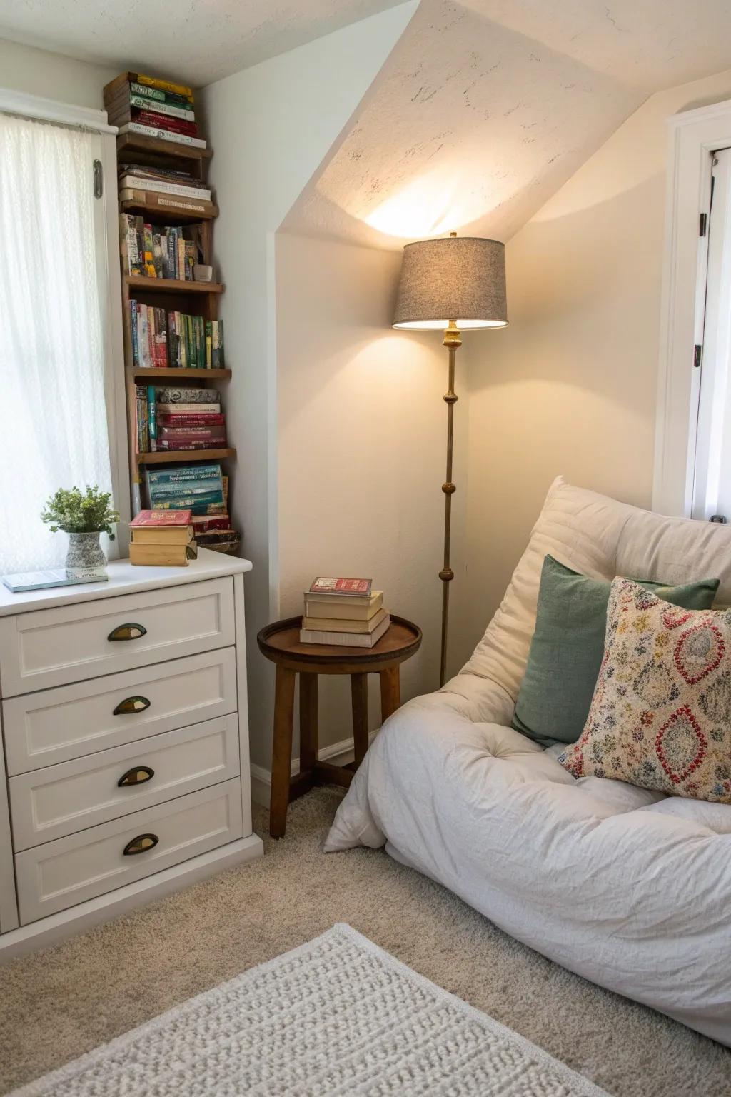 A small bedroom with a cozy reading nook that’s been creatively repurposed.