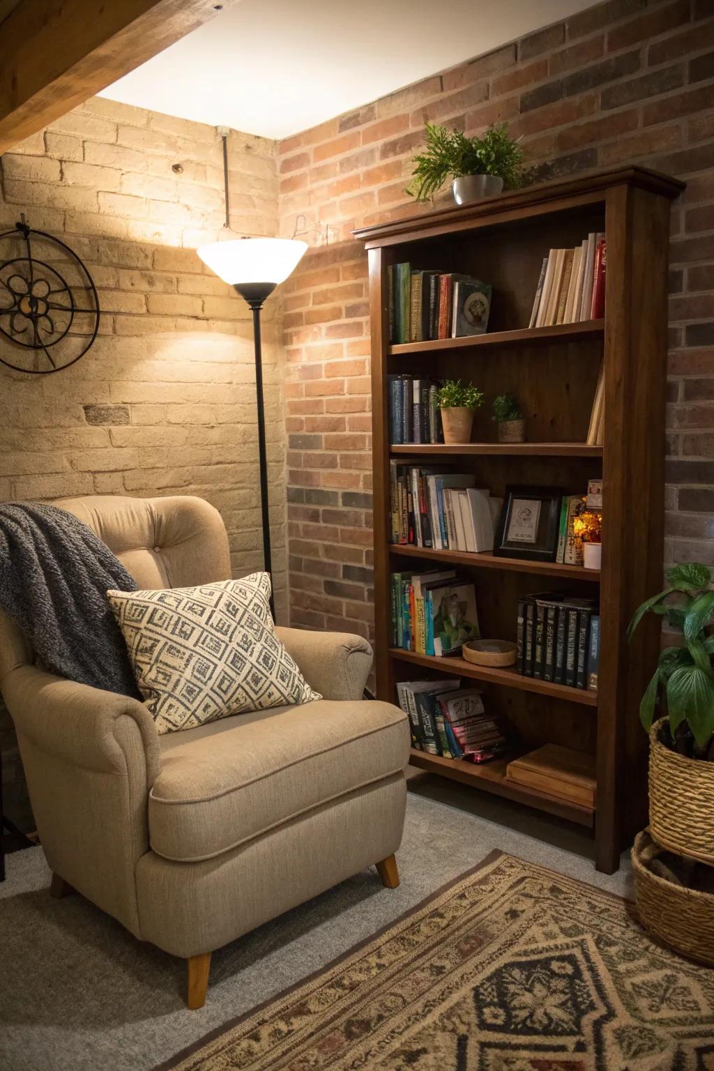 A reading nook with a comfy chair and bookshelf offers a serene escape.