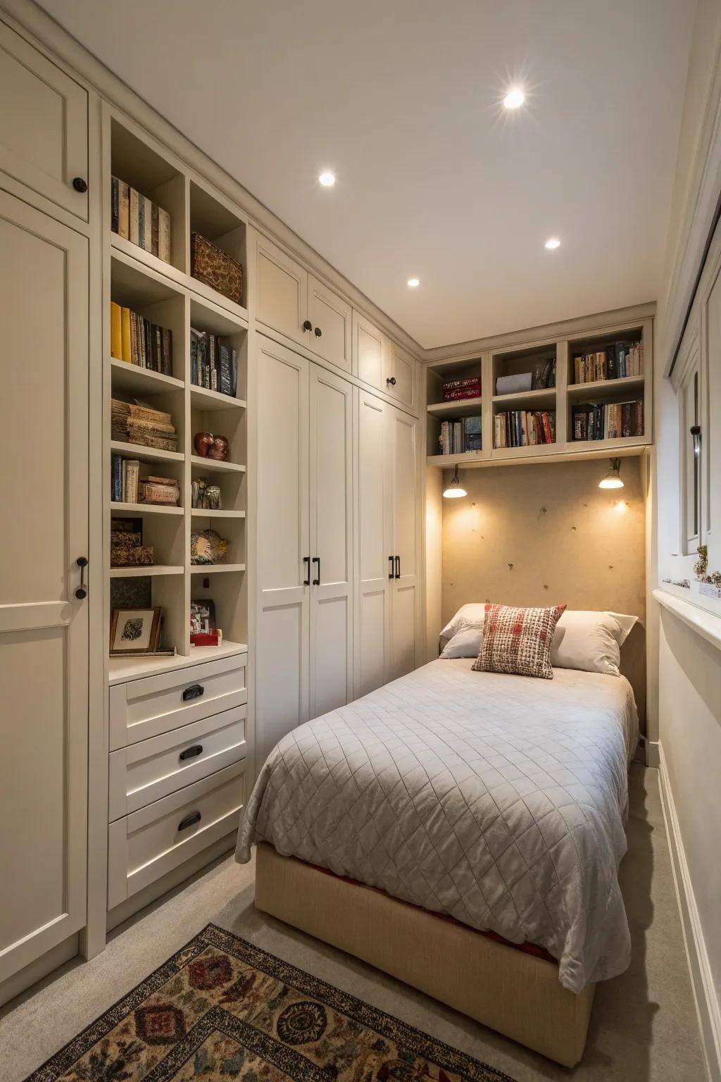 Vertical stowage solutions optimize area within a compact primary bedroom.