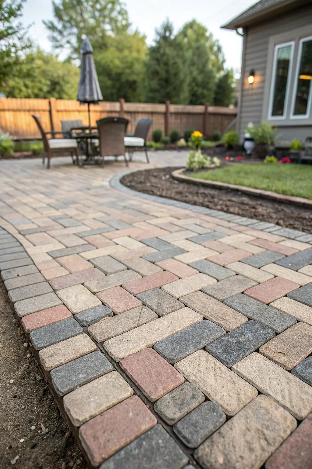 A striking patio featuring a distinctive paver configuration.