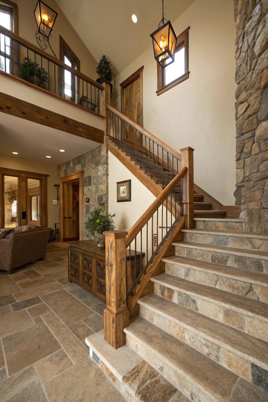 Utilizing natural elements can add an earthy and soothing vibe to your stairs.