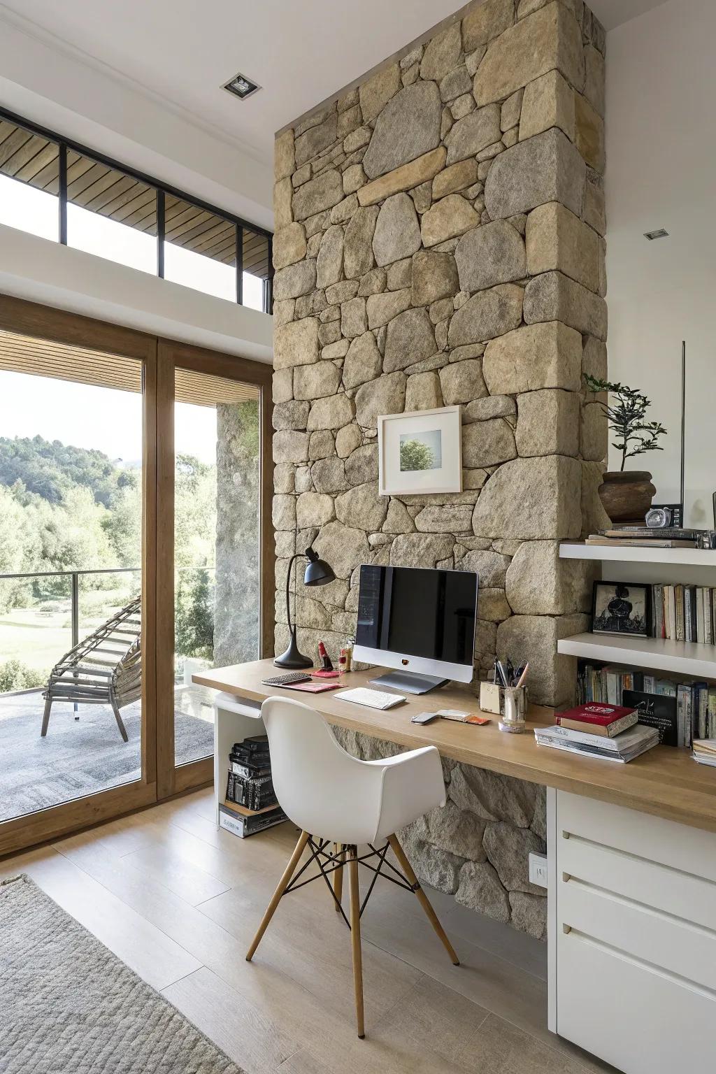 A home office that inspires with a rock feature wall.