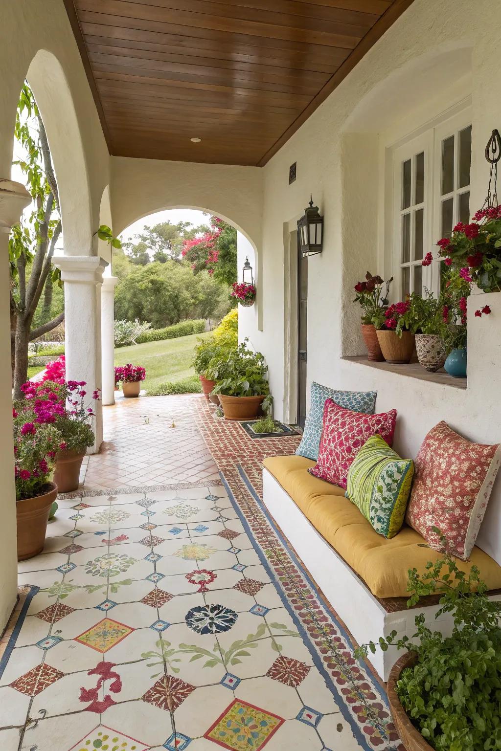 Fun tile designs introduce playfulness to this stucco porch.