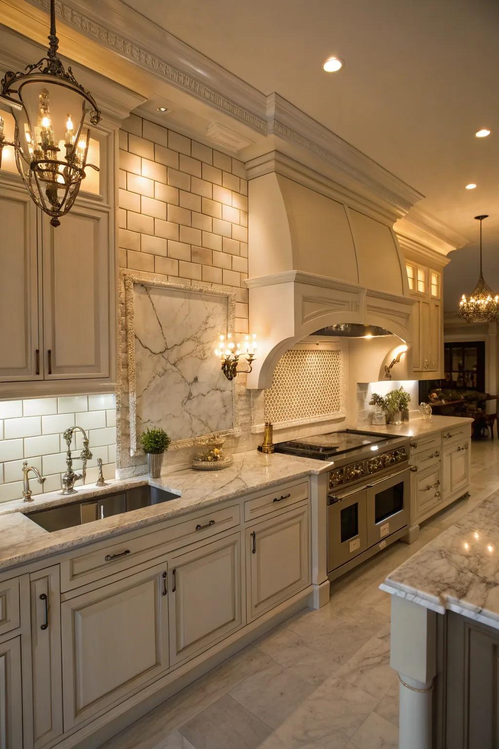 An elegant and sophisticated touch is imparted onto this kitchen via stone-like claddings.