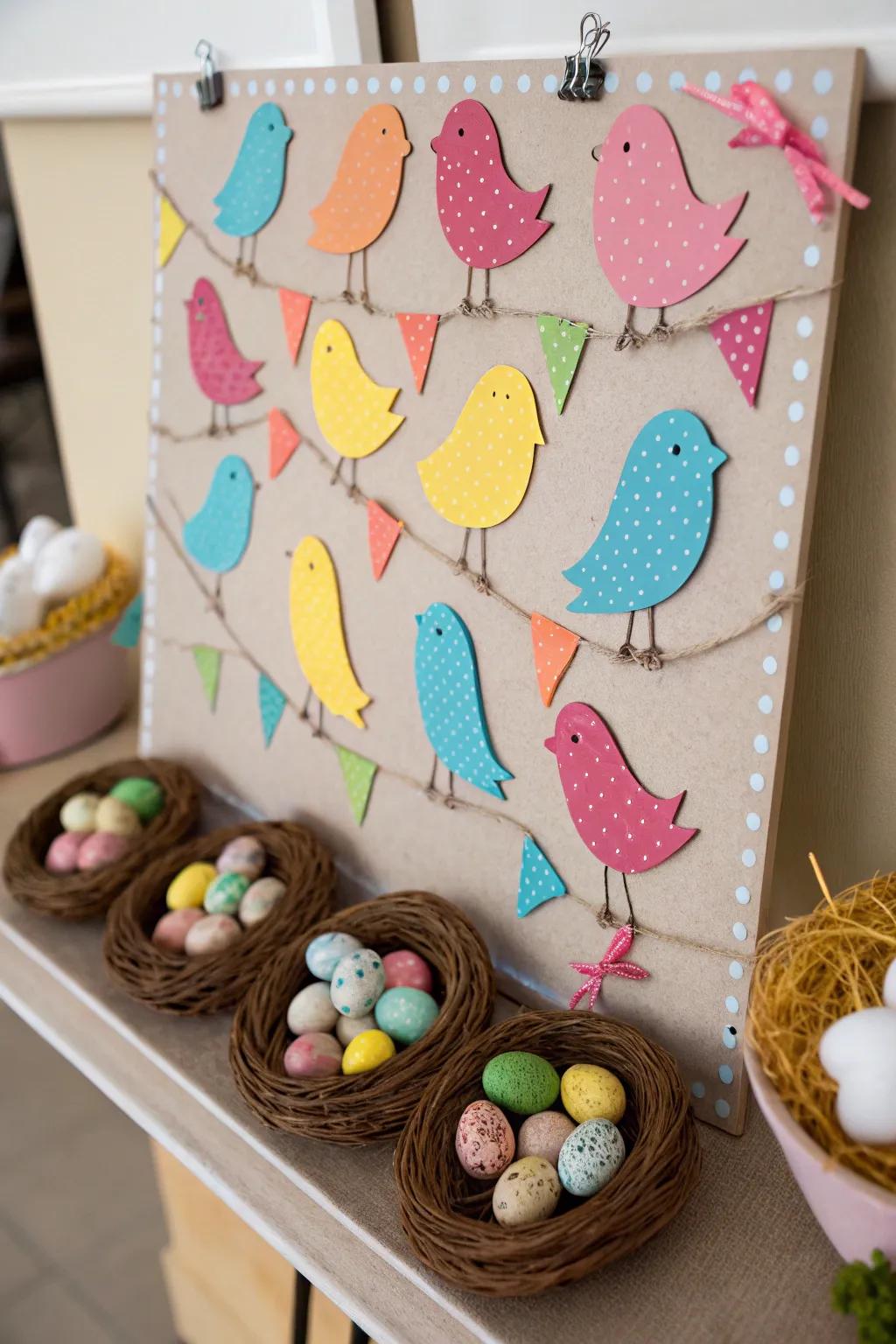 A lively board showcasing colorful birds and nests.