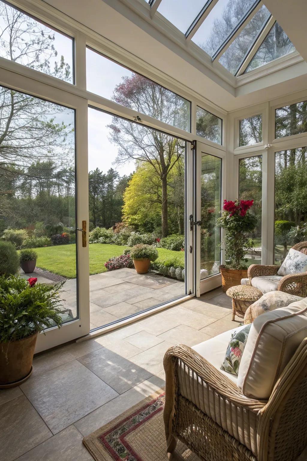 Expansive glass panels bring the outdoors into this sunroom.