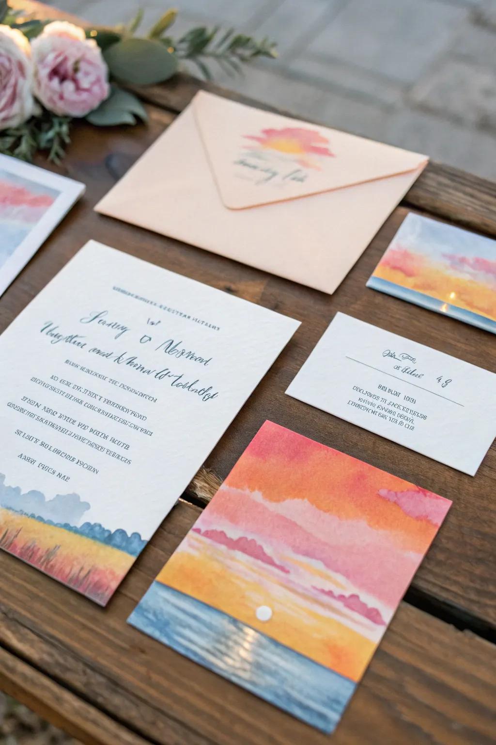 Wedding stationery showcasing watercolor sundown sketches.