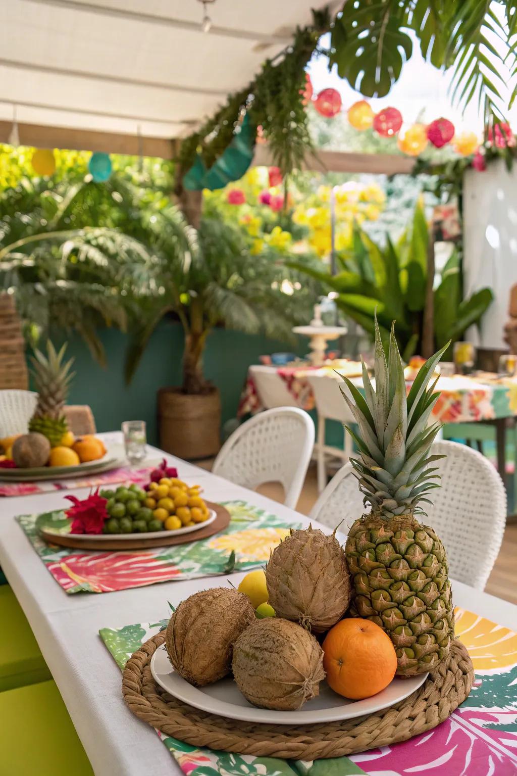 A tropical table arrangement showcasing vibrant shades and exotic fruits.