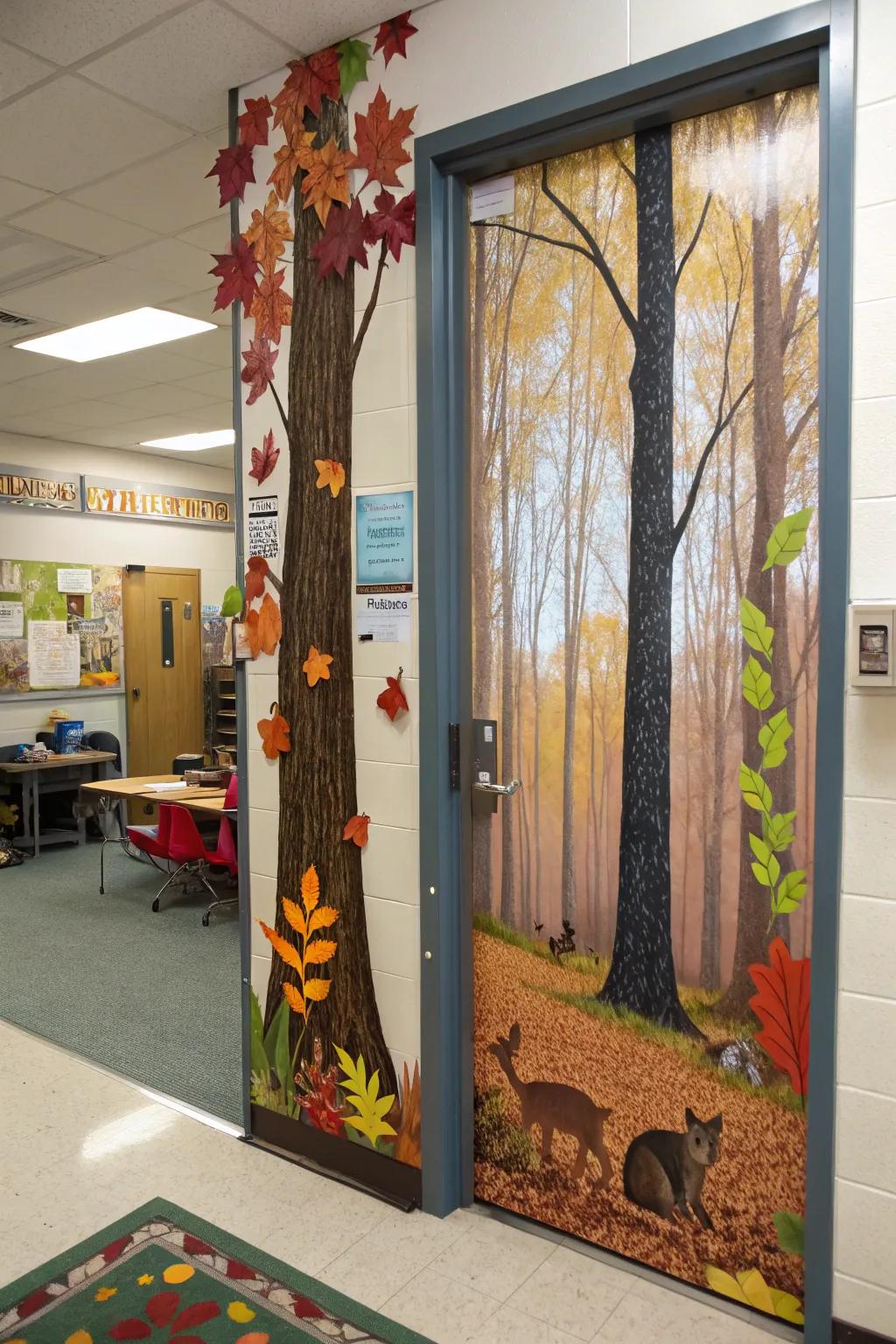 An autumnal woods door display, capturing the essence of fall.