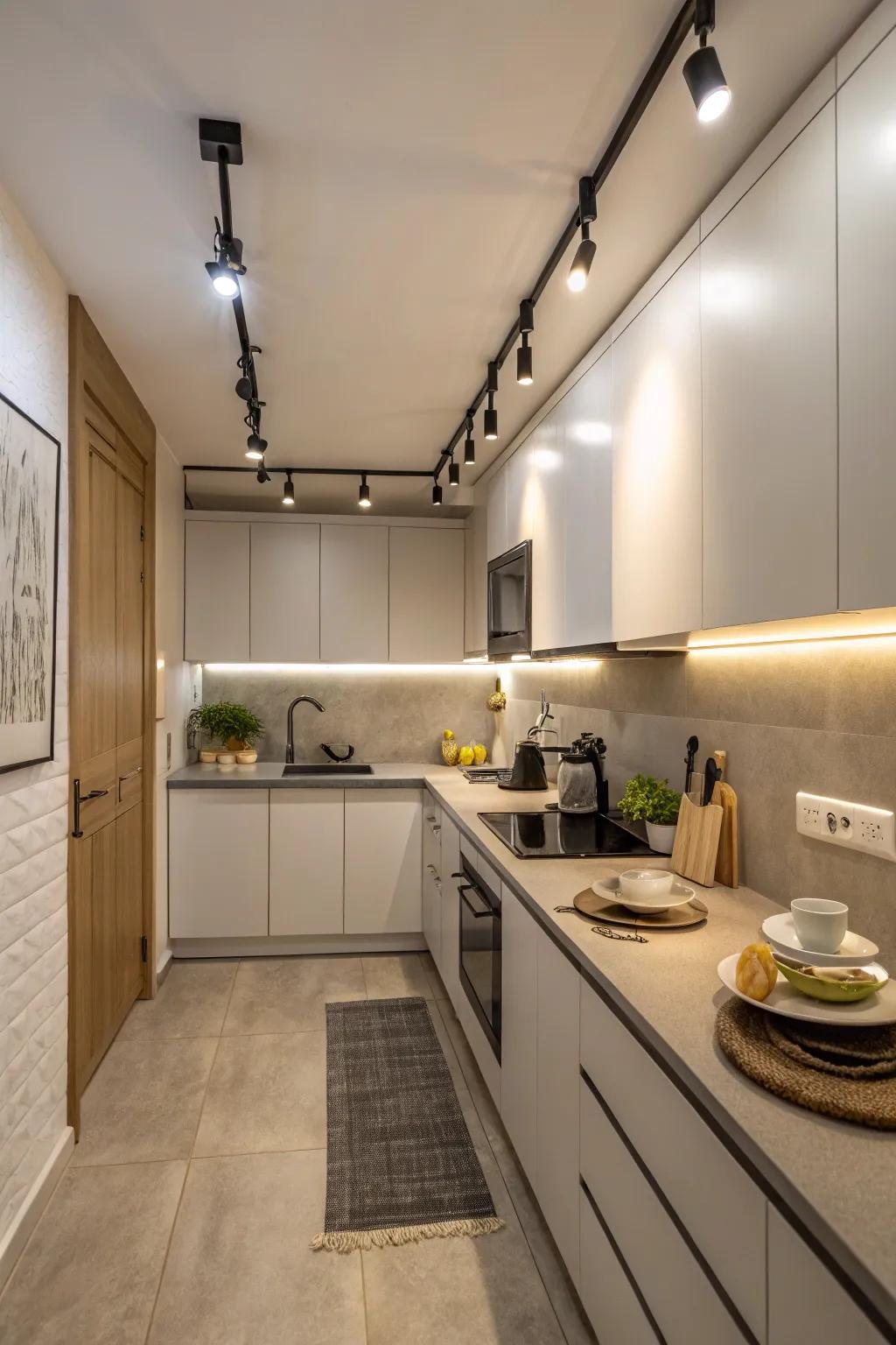 Compact track lighting maximizing light in a small kitchen