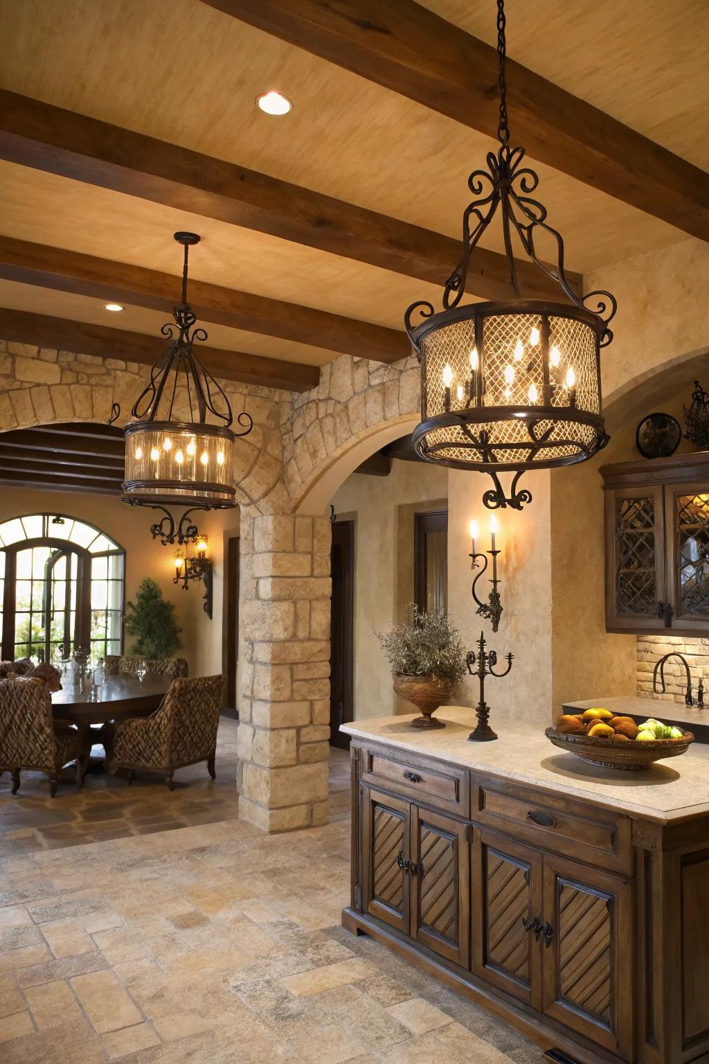 Mixing metals adds a modern twist to Tuscan lighting.