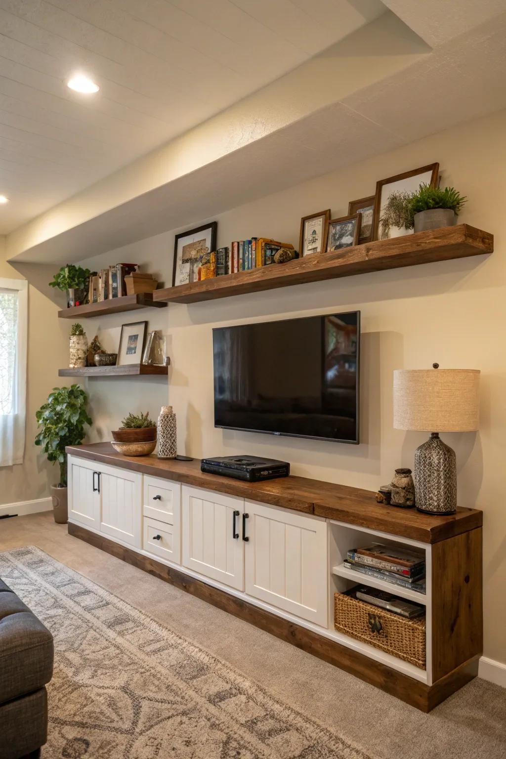 Elevated shelves accompanying a TV arrangement for an airy impression.